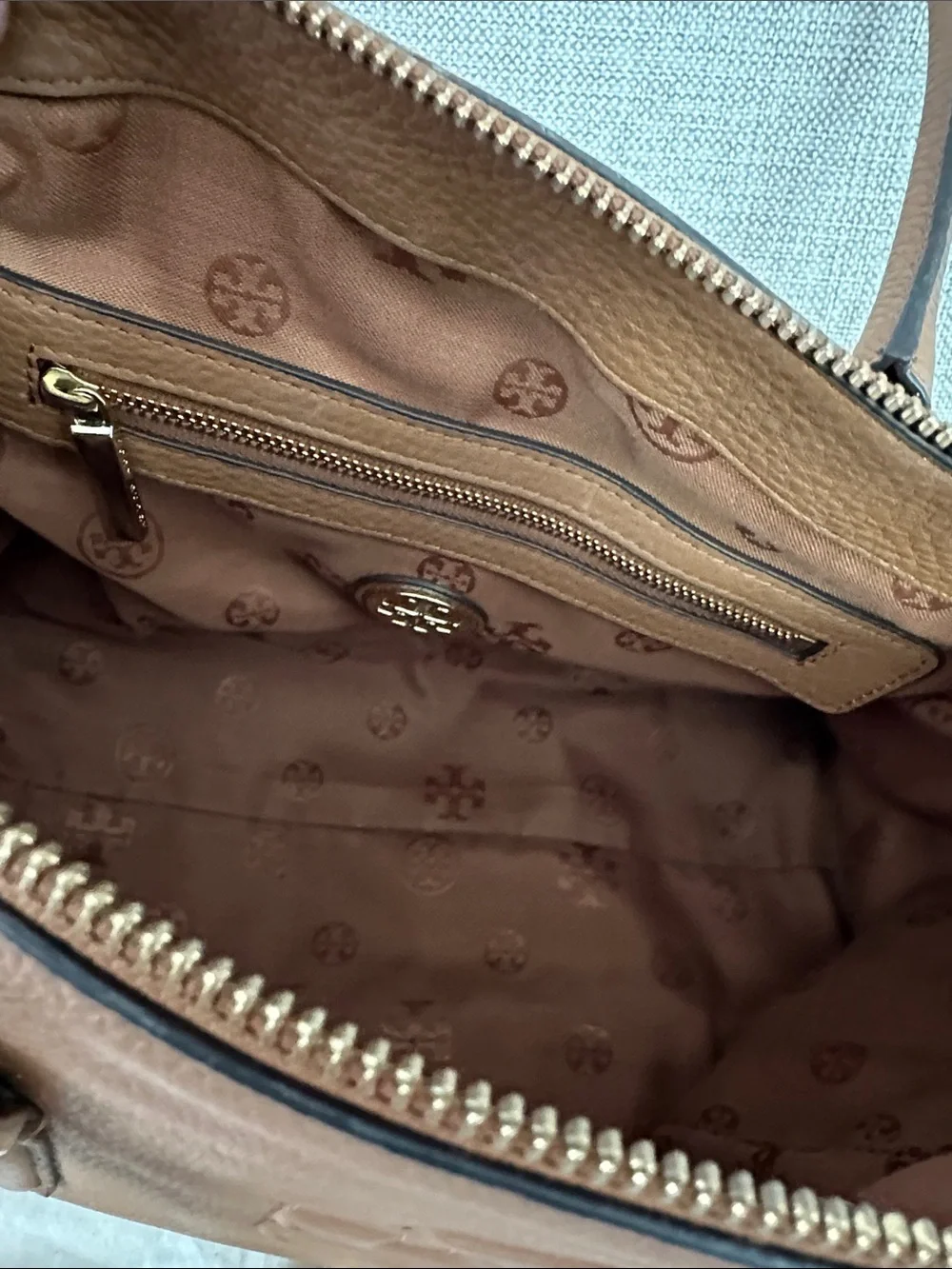 Tory Burch Chestnut Leather Satchel with Embossed Logo - Picture 4 of 5